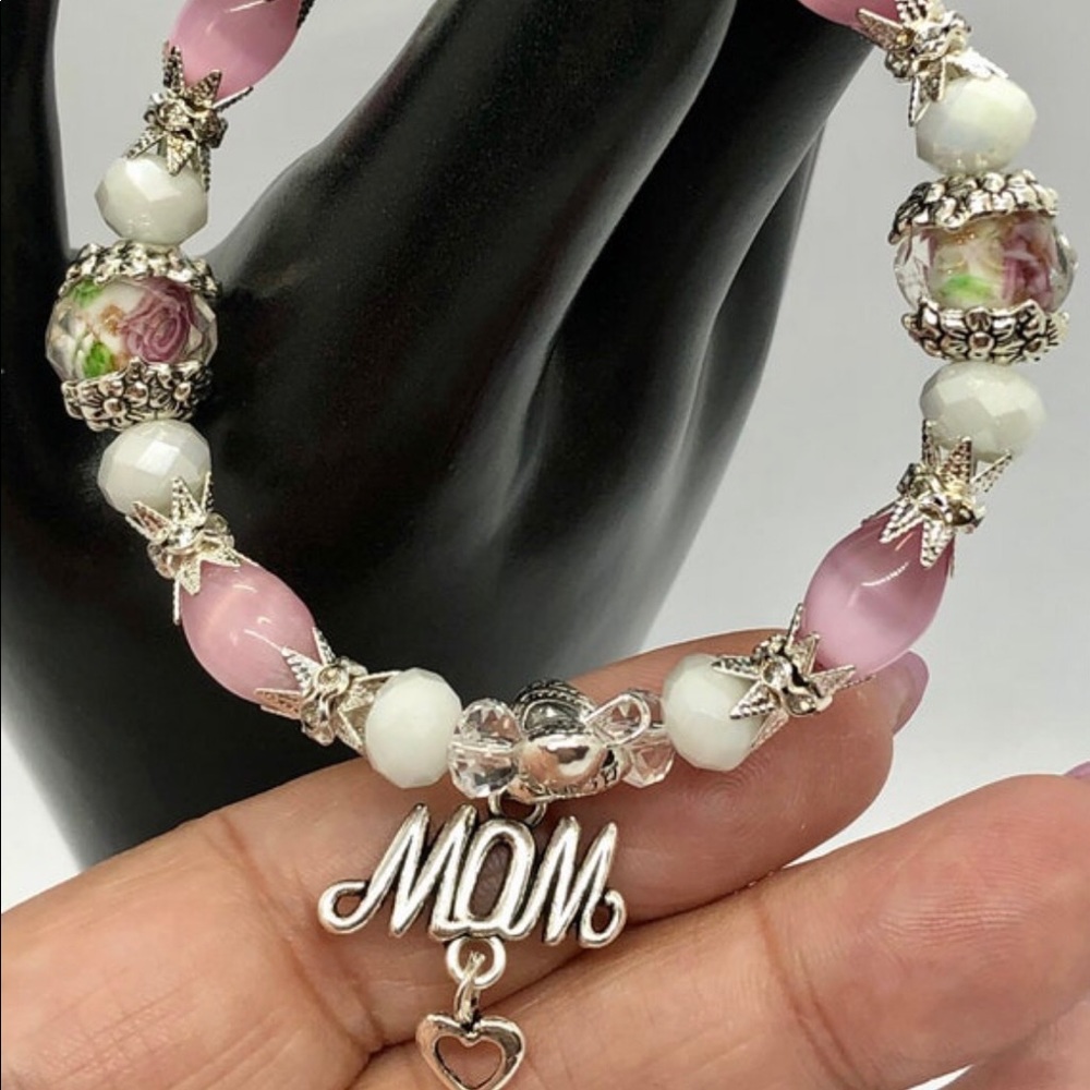 MOM bracelet-pink white and silver with pink cats eye-mom charm